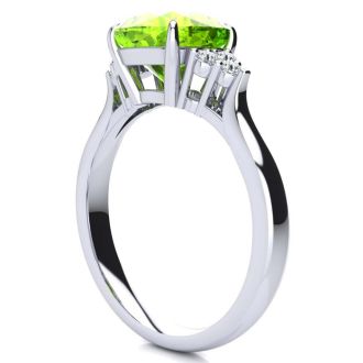 2 2/3 Carat Cushion Cut Peridot and Diamond Ring In 14K White Gold
