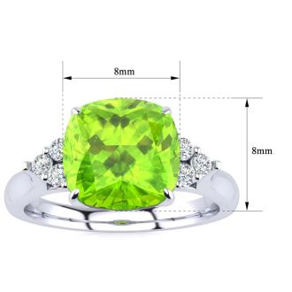 2 2/3 Carat Cushion Cut Peridot and Diamond Ring In 14K White Gold
