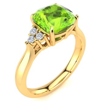 2 2/3 Carat Cushion Cut Peridot and Diamond Ring In 14K Yellow Gold