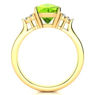 2 2/3 Carat Cushion Cut Peridot and Diamond Ring In 14K Yellow Gold