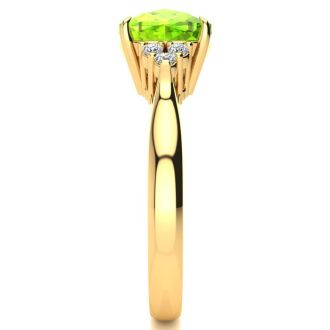 2 2/3 Carat Cushion Cut Peridot and Diamond Ring In 14K Yellow Gold