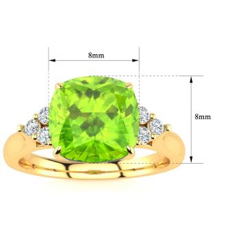 2 2/3 Carat Cushion Cut Peridot and Diamond Ring In 14K Yellow Gold