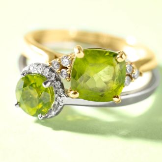 2 2/3 Carat Cushion Cut Peridot and Diamond Ring In 14K Yellow Gold