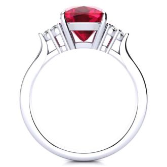 3 1/5 Carat Cushion Cut Ruby and Diamond Ring In 14K White Gold
