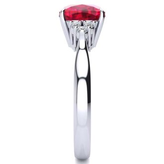 3 1/5 Carat Cushion Cut Ruby and Diamond Ring In 14K White Gold