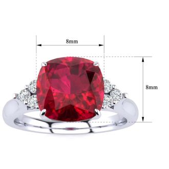 3 1/5 Carat Cushion Cut Ruby and Diamond Ring In 14K White Gold
