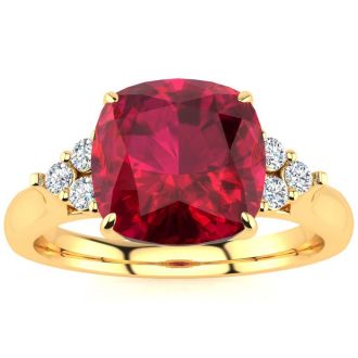 3 1/5 Carat Cushion Cut Ruby and Diamond Ring In 14K Yellow Gold