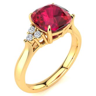 3 1/5 Carat Cushion Cut Ruby and Diamond Ring In 14K Yellow Gold