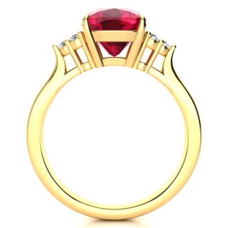 3 1/5 Carat Cushion Cut Ruby and Diamond Ring In 14K Yellow Gold