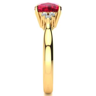 3 1/5 Carat Cushion Cut Ruby and Diamond Ring In 14K Yellow Gold