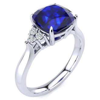 3 1/5 Carat Cushion Cut Sapphire and Diamond Ring In 14K White Gold