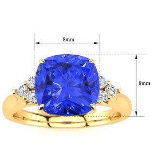 2 2/3 Carat Cushion Cut Tanzanite and Diamond Ring In 14K Yellow Gold