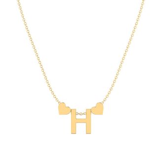 "H" Dainty Block Initial Necklace With Hearts In Gold Overlay, All Letters Available, Free 17 Inch Cable Chain