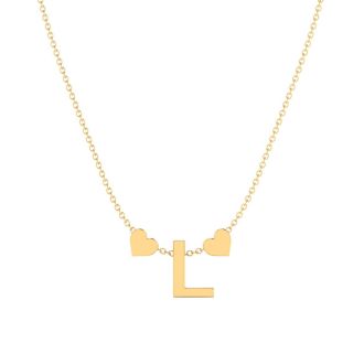 "L" Dainty Block Initial Necklace With Hearts In Gold Overlay, All Letters Available, Free 17 Inch Cable Chain