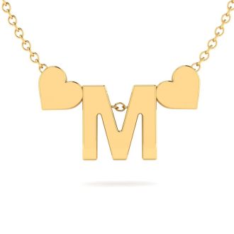 "M" Dainty Block Initial Necklace With Hearts In Gold Overlay, All Letters Available, Free 17 Inch Cable Chain