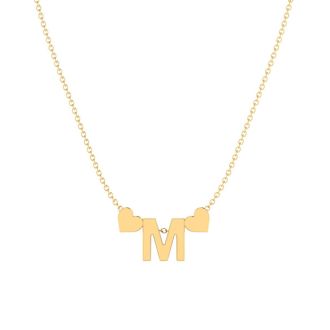 "M" Dainty Block Initial Necklace With Hearts In Gold Overlay, All Letters Available, Free 17 Inch Cable Chain