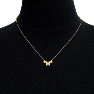 "M" Dainty Block Initial Necklace With Hearts In Gold Overlay, All Letters Available, Free 17 Inch Cable Chain