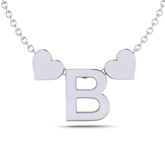 "B" Dainty Block Initial Necklace With Hearts In White Gold Overlay, All Letters Available, Free 17 Inch Cable Chain