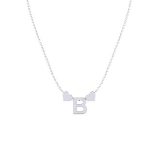 "B" Dainty Block Initial Necklace With Hearts In White Gold Overlay, All Letters Available, Free 17 Inch Cable Chain