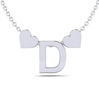 "D" Dainty Block Initial Necklace With Hearts In White Gold Overlay, All Letters Available, Free 17 Inch Cable Chain