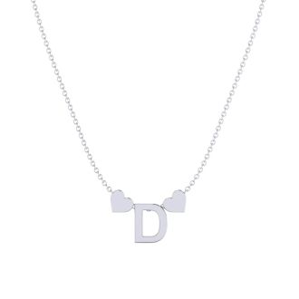 "D" Dainty Block Initial Necklace With Hearts In White Gold Overlay, All Letters Available, Free 17 Inch Cable Chain