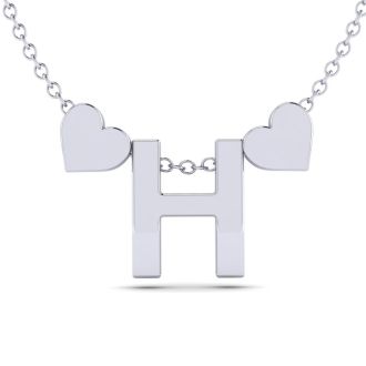 "H" Dainty Block Initial Necklace With Hearts In White Gold Overlay, All Letters Available, Free 17 Inch Cable Chain