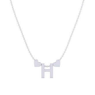 "H" Dainty Block Initial Necklace With Hearts In White Gold Overlay, All Letters Available, Free 17 Inch Cable Chain