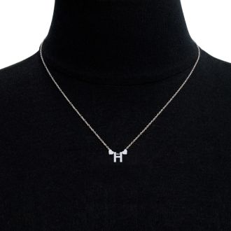 "H" Dainty Block Initial Necklace With Hearts In White Gold Overlay, All Letters Available, Free 17 Inch Cable Chain