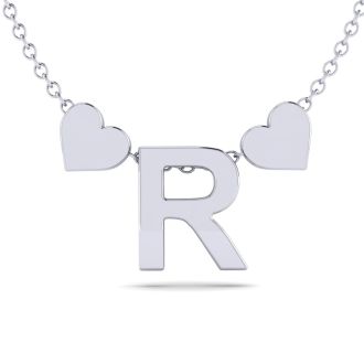 "R" Dainty Block Initial Necklace With Hearts In White Gold Overlay, All Letters Available, Free 17 Inch Cable Chain