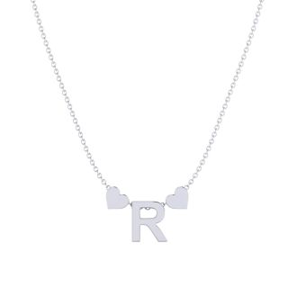 "R" Dainty Block Initial Necklace With Hearts In White Gold Overlay, All Letters Available, Free 17 Inch Cable Chain