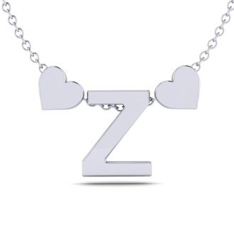 "Z" Dainty Block Initial Necklace With Hearts In White Gold Overlay, All Letters Available, Free 17 Inch Cable Chain