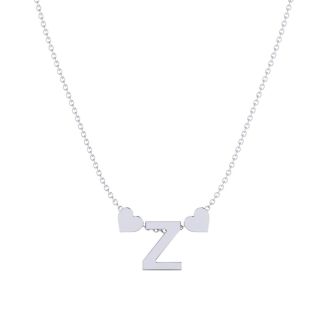 "Z" Dainty Block Initial Necklace With Hearts In White Gold Overlay, All Letters Available, Free 17 Inch Cable Chain