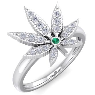 1/5 Carat Diamond and Emerald Weed Leaf Ring In 14K White Gold