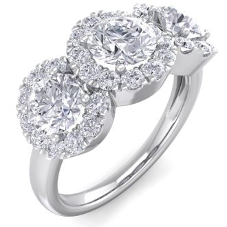 2 Carat Round Shape Halo Diamond Three Stone Ring In 14K White Gold