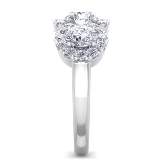 2 Carat Round Shape Halo Diamond Three Stone Ring In 14K White Gold