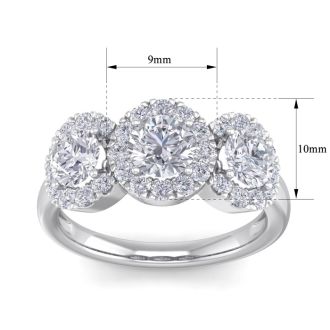 2 Carat Round Shape Halo Diamond Three Stone Ring In 14K White Gold
