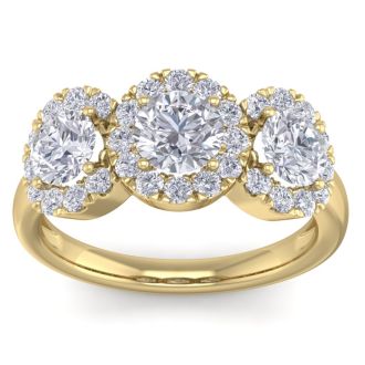 2 Carat Round Shape Halo Diamond Three Stone Ring In 14K Yellow Gold