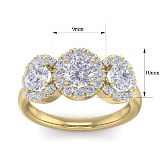 2 Carat Round Shape Halo Diamond Three Stone Ring In 14K Yellow Gold