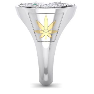 Mens 1/3 Carat Diamond and Emerald Weed Leaf Ring In 14K White Gold