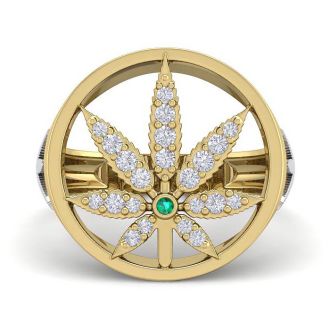 Mens 1/3 Carat Diamond and Emerald Weed Leaf Ring In 14K Yellow Gold
