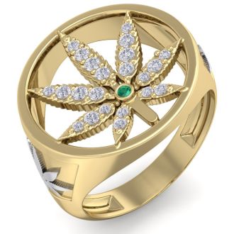 Mens 1/3 Carat Diamond and Emerald Weed Leaf Ring In 14K Yellow Gold