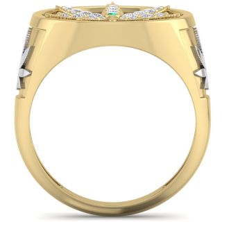 Mens 1/3 Carat Diamond and Emerald Weed Leaf Ring In 14K Yellow Gold