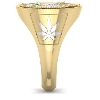 Mens 1/3 Carat Diamond and Emerald Weed Leaf Ring In 14K Yellow Gold