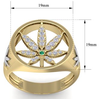 Mens 1/3 Carat Diamond and Emerald Weed Leaf Ring In 14K Yellow Gold