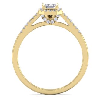 3/4 Carat Emerald Cut Halo Diamond Engagement Ring In 14K Yellow Gold