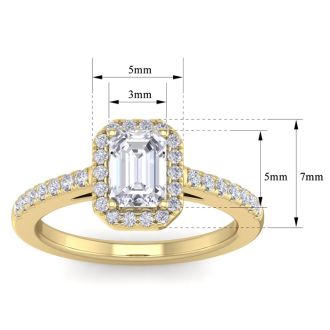 1 1/2 Carat Emerald Cut Halo Diamond Engagement Ring In 14K Yellow Gold