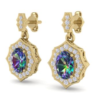 1 2/3 Carat Oval Shape Mystic Topaz and Diamond Dangle Earrings In 14 Karat Yellow Gold