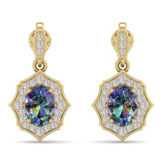 1 2/3 Carat Oval Shape Mystic Topaz and Diamond Dangle Earrings In 14 Karat Yellow Gold