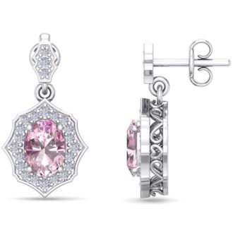 Pink Gemstones 2 1/4 Carat Oval Shape Pink Topaz and Diamond Dangle Earrings In 14 Karat White Gold