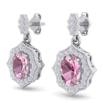 Pink Gemstones 2 1/4 Carat Oval Shape Pink Topaz and Diamond Dangle Earrings In 14 Karat White Gold